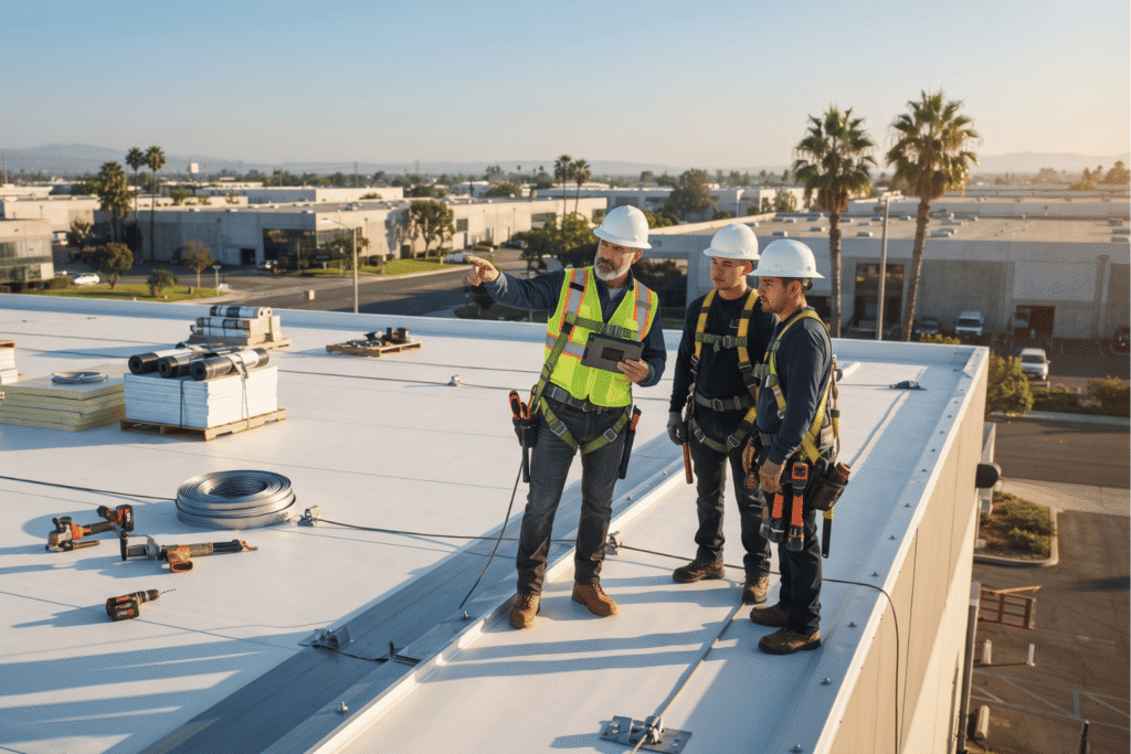 Flat Roofing Systems at a Glance: A layered, waterproof assembly for low-slope commercial roofs. Includes the deck, insulation, cover board, and a weatherproofing membrane or coating.